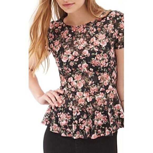 FOREVER 21 Black Pink Multi Floral Lace Twee 2010s Short Sleeve Peplum Blouse M - Picture 1 of 16
